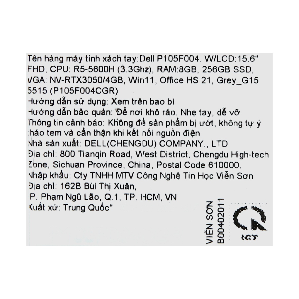 Laptop Gaming Dell G15 5515 R5 5600H/8GB/256GB/4GB RTX3050/15.6"F/120Hz/OfficeHS/Win11//Xám