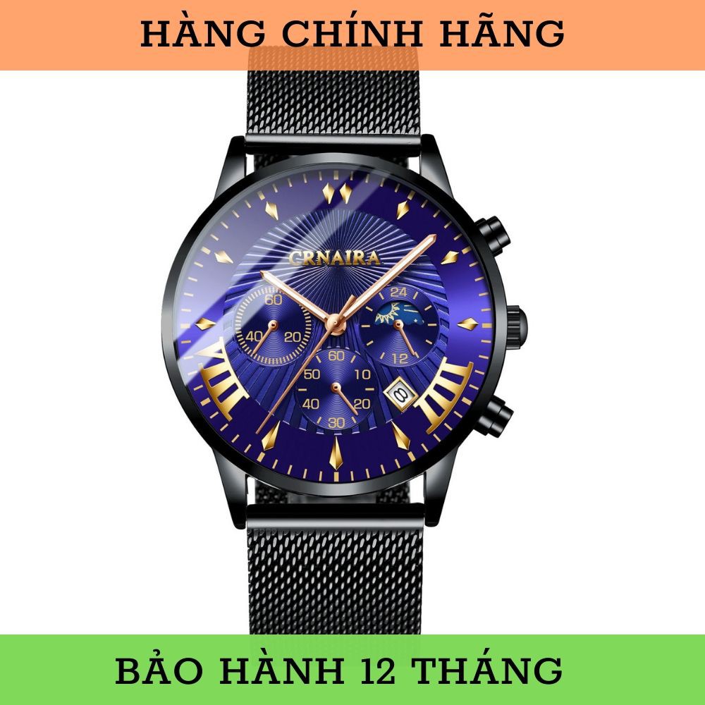Đồng Hồ Nam chống nước CRNAIRA Mặt Xanh Độc Đáo, Dây Thép Không Gỉ Cao Cấp Chính Hãng