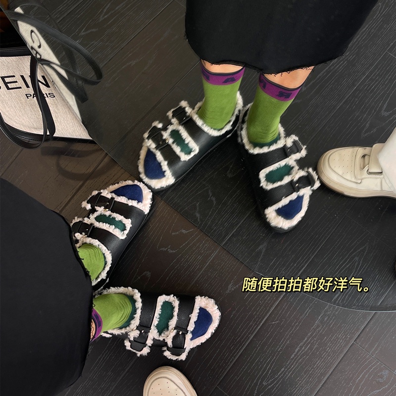 Giày sandal đế phẳng dày dặn lót lông cừu thời trang Hàn Quốc 2022 dành cho nữ tùy chọn màu sắc