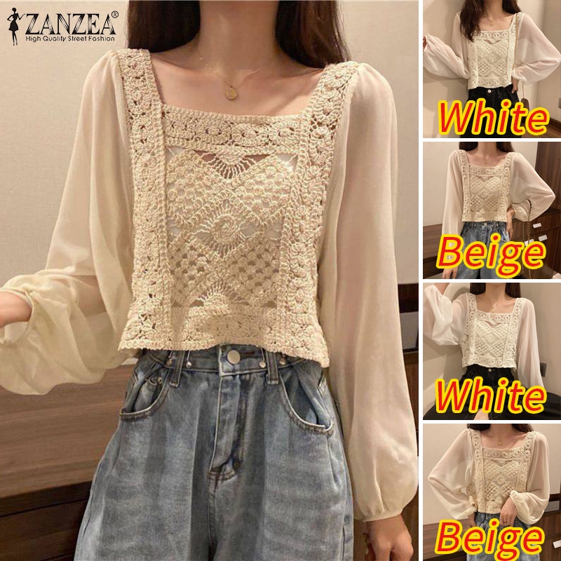 Zanzea Áo Croptop Cổ Vuông Tay Phồng Phong Cách Hàn Quốc Ngọt Ngào Cho Nữ