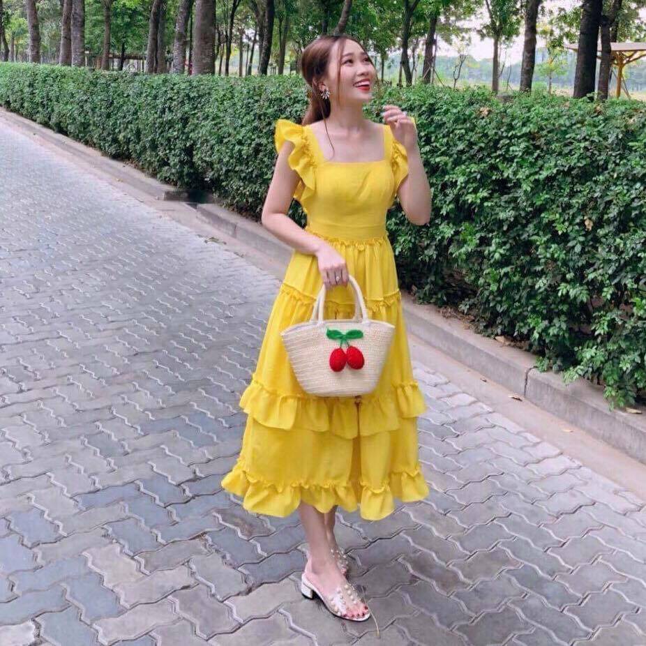 Đầm Nữ Maxi Vàng Bèo Đuôi Cá