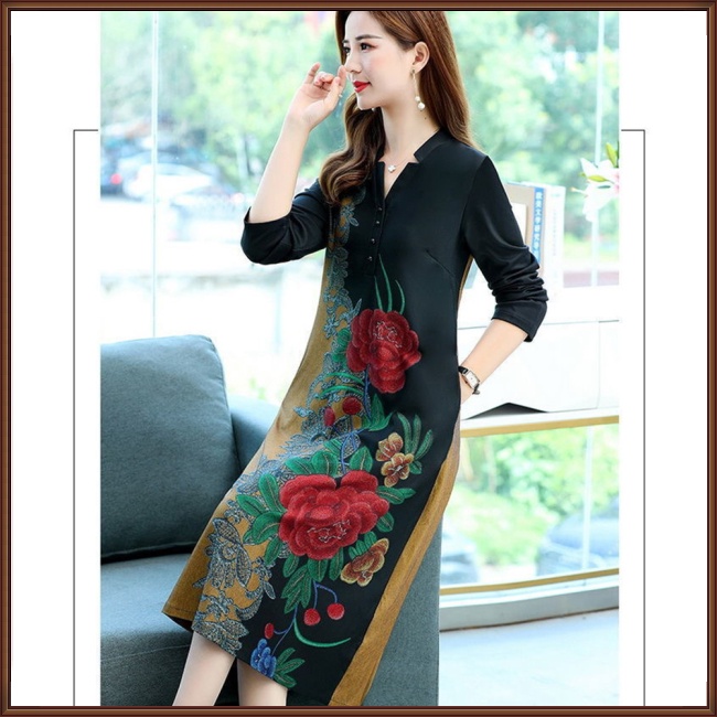 Đầm Dài Qua Gối Cổ Chữ V Tay Dài In Họa Tiết Hoa Phong Cách Cổ Điển Dành Cho Nữ