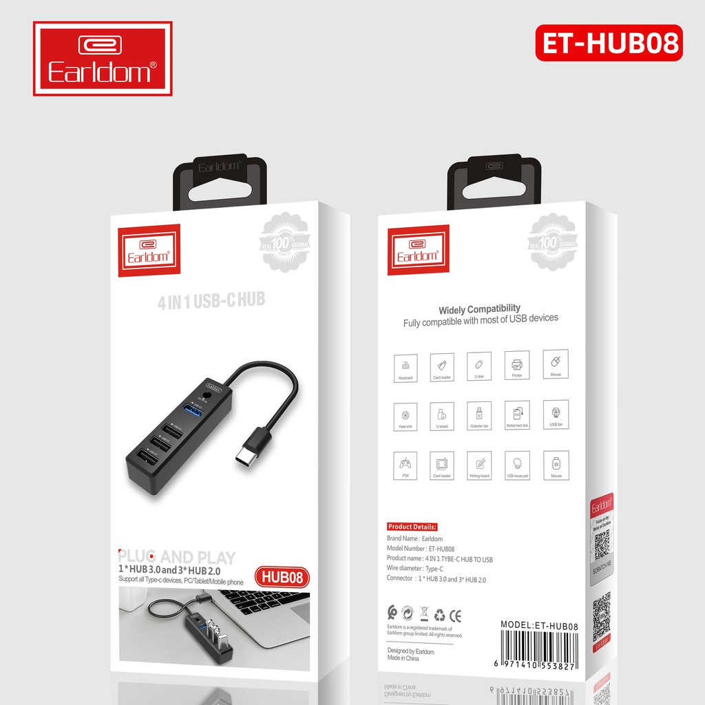 Hub Chuyển USB Type C ra 1 cổng USB 3.0 + 3 Cổng USB 2.0 + 5V DC Earldom HUB08 - Hàng Chính Hãng