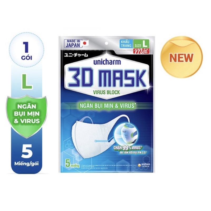 Khẩu trang ngăn vi khuẩn Unicharm 3D Mask Virus Block size L gói 5 cái