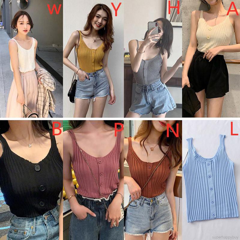 Áo dây nữ thiết kế sọc gân phối nút gài thời trang
