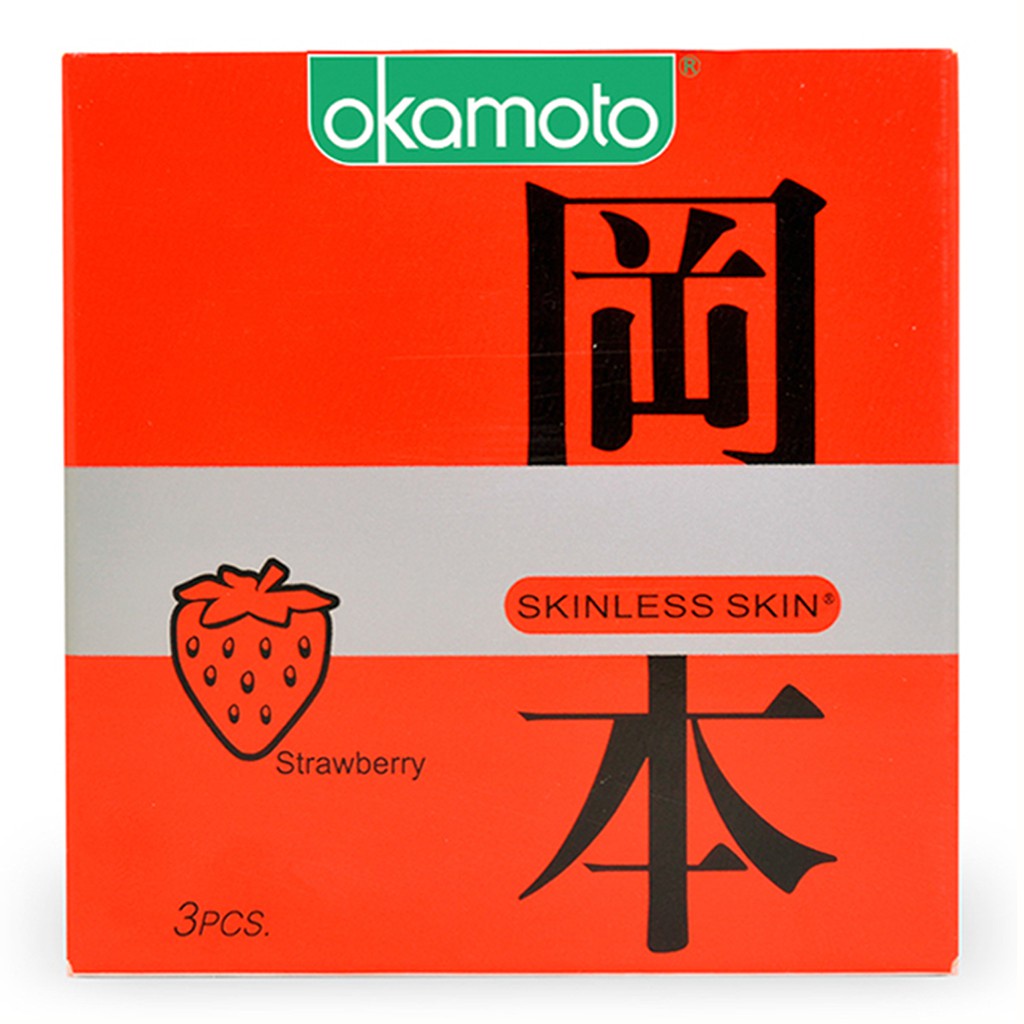 Bao cao su siêu mỏng Okamoto Strawberry hương dâu - hộp 3 bao