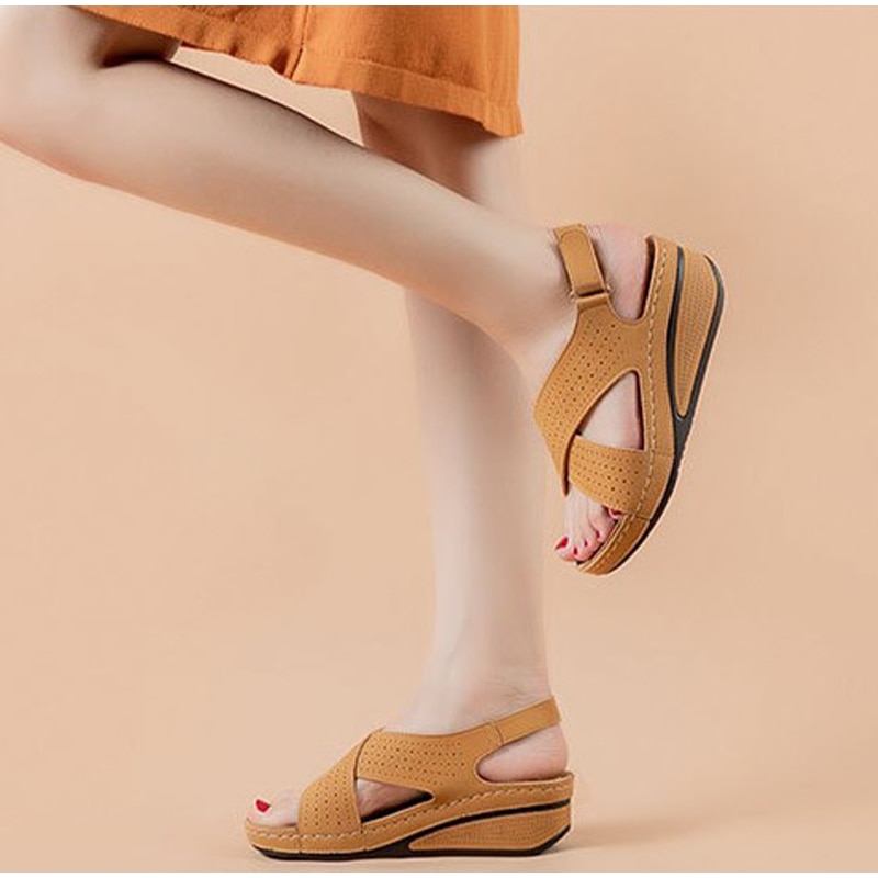 Giày sandal đế xuồng bằng da PU phong cách cổ điển thoải mái cho nữ