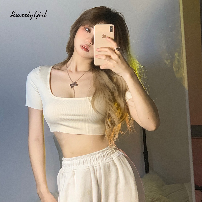 Áo Thun Tay Ngắn Cổ Vuông Màu Trơn Thời Trang 2022 Quyến Rũ Cho Nữ