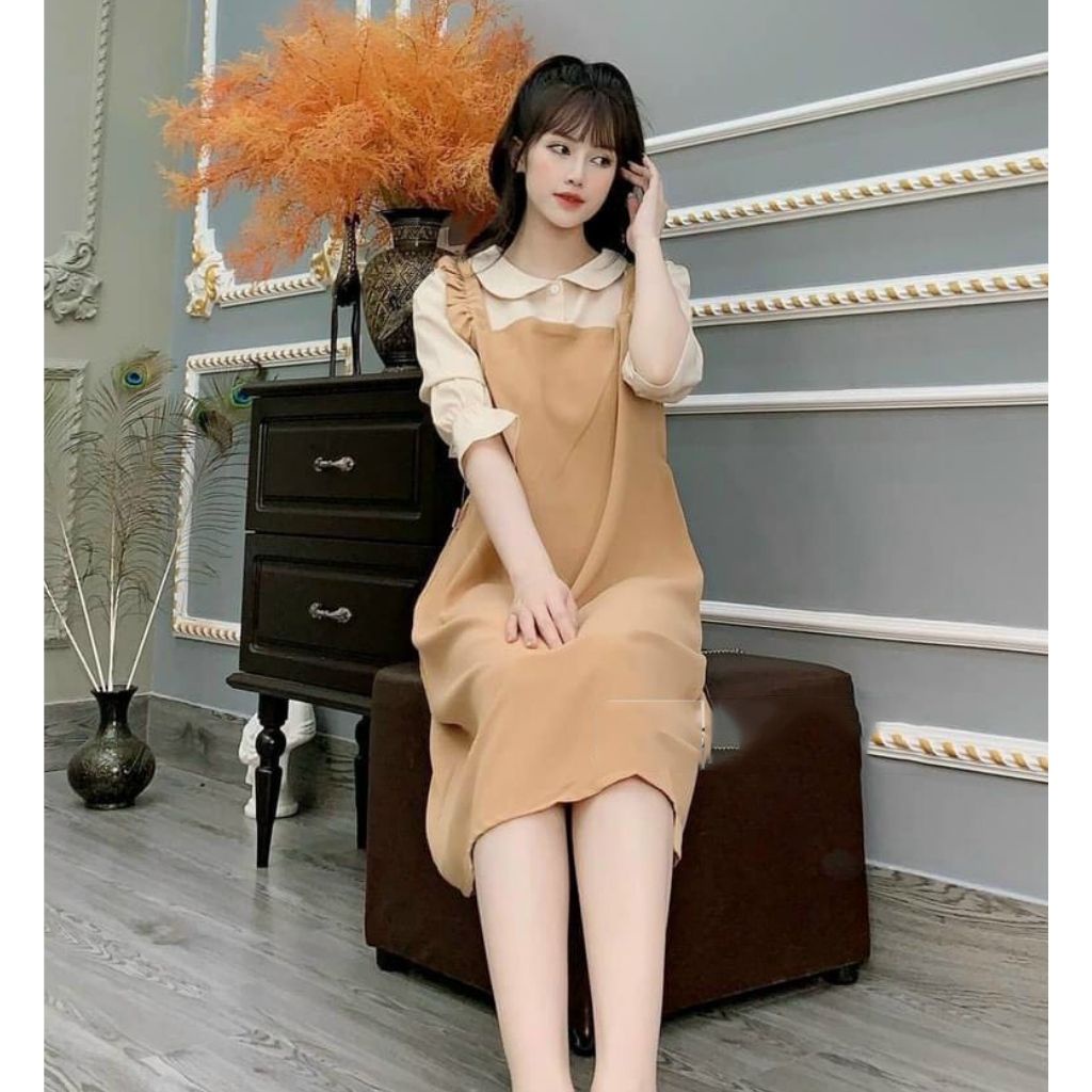 Váy bầu yếm liền tay lỡ thời trang thiết kế M420 chất cát hàn freesize từ 45 đến 70kg
