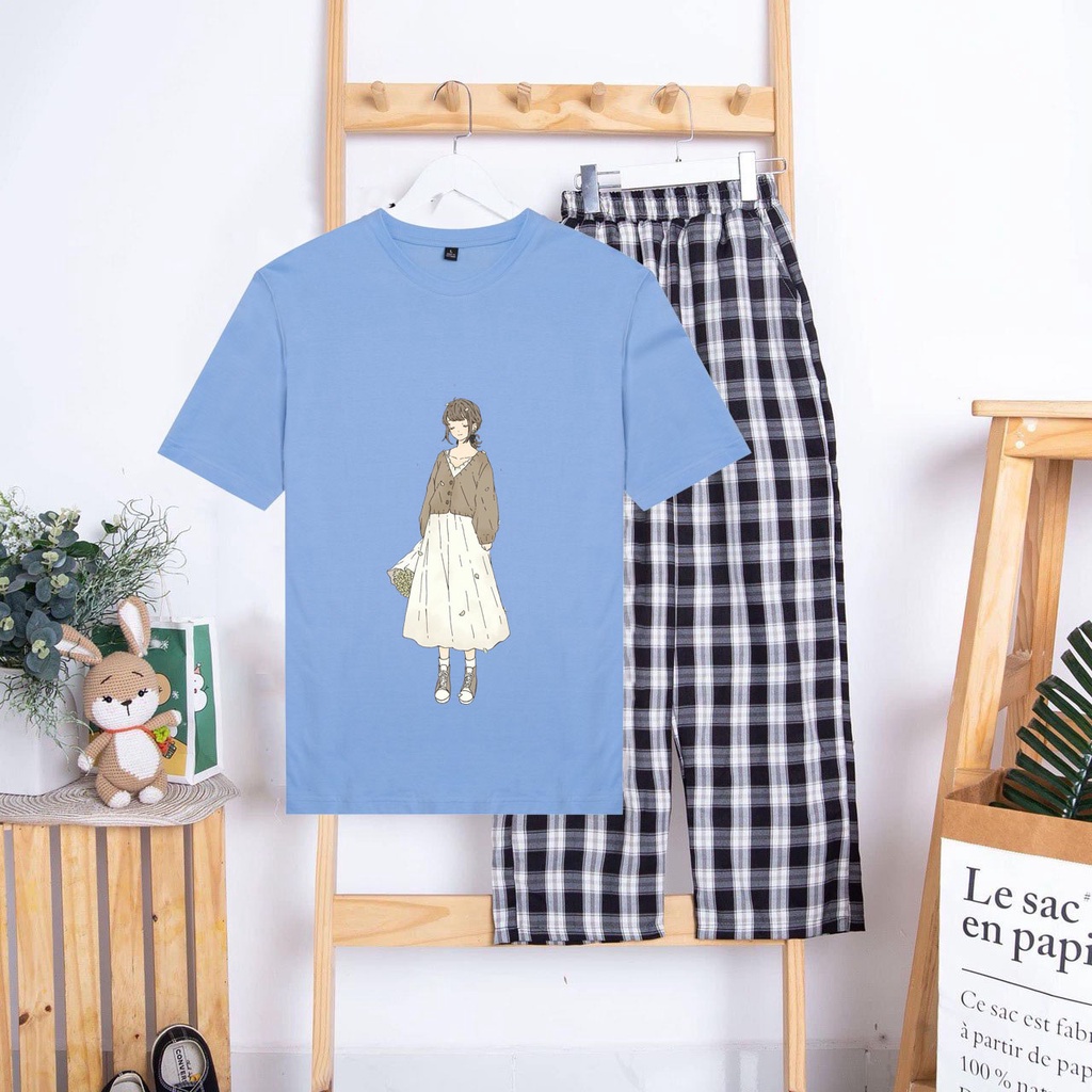 Sét Bộ Đồ Quần Ống Rộng Kẻ Caro Áo Phông Trắng Nữ Ulzzang Mặc Đi Chơi Siêu Xinh, Áo Phông Cotton In 3D Hình Cô Gái