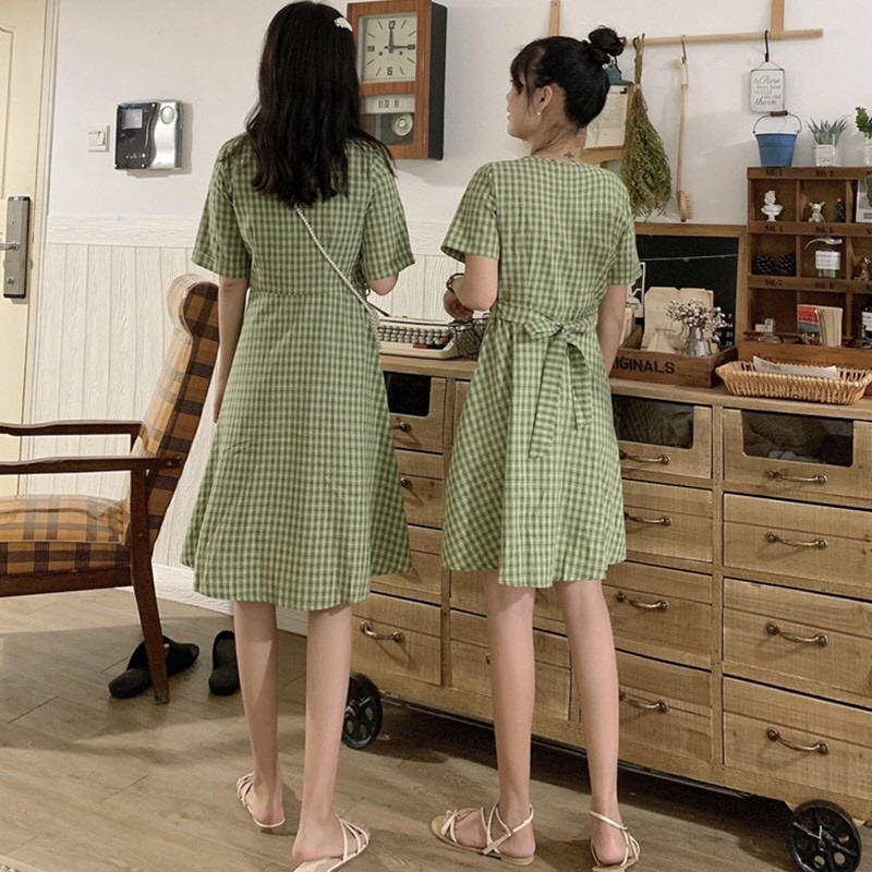 SET VÁY ĐÔI - VÁY KẺ CÚC CÀI BUỘC NƠ EO XANH VÀNG - VÁY CARO DÚM NGỰC NƠ SAU VÀNG XANH ULLZANG
