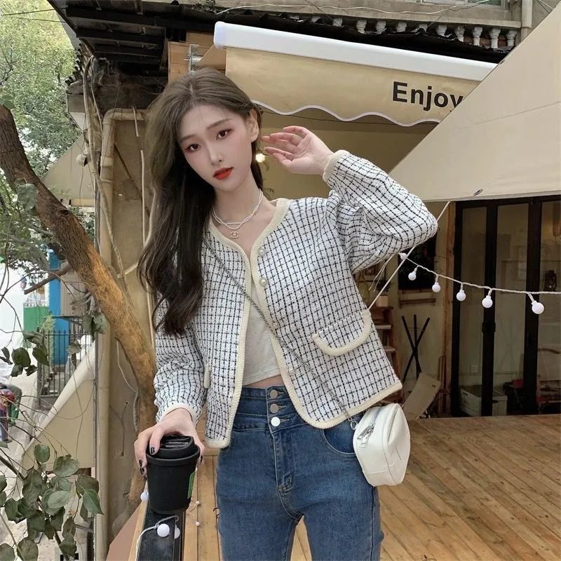 Jiashucheng Áo Khoác Cardigan Ngắn Nhỏ Màu Tương Phản Phong Cách Chanel Thời Trang Mới Cho Nữ