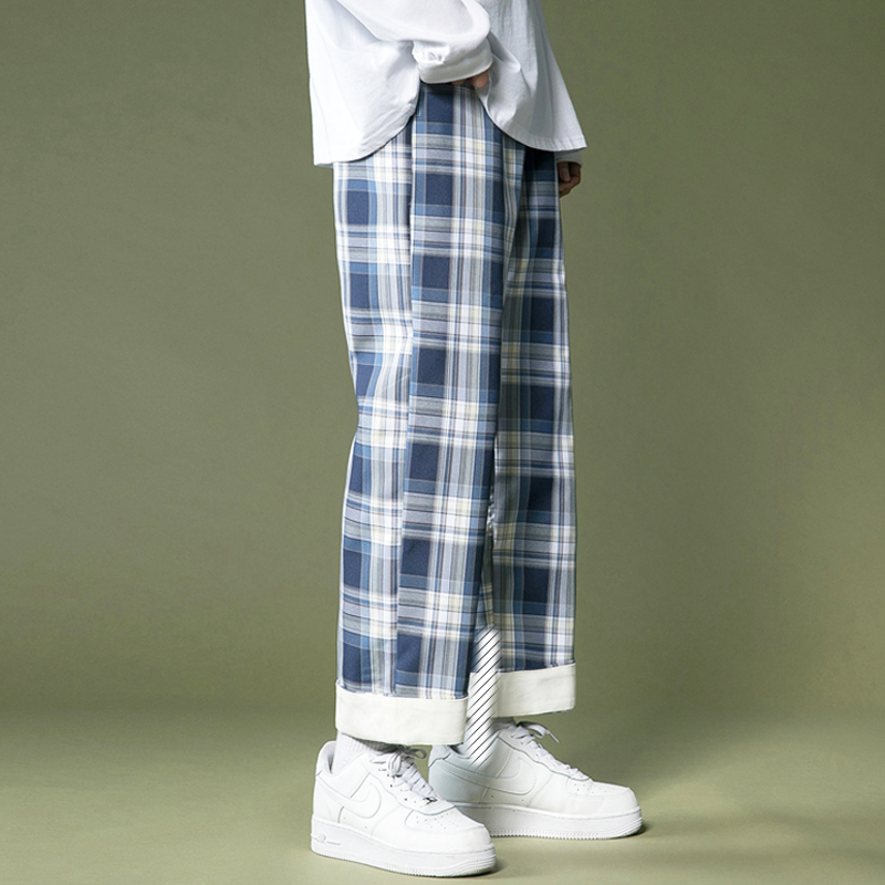 Men's Wide-legged Plaid Pants Korean Style Straight Baggy Pants for Men Loose Casual Fashion Trousers Unisex