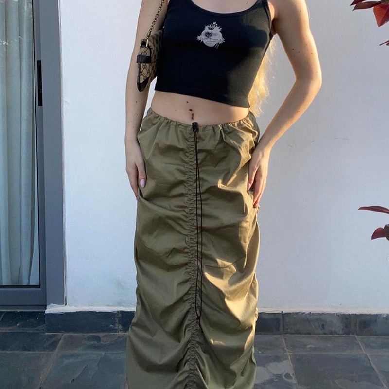 Chân váy cargo dáng dài dây rút phong cách vintage, Y2K