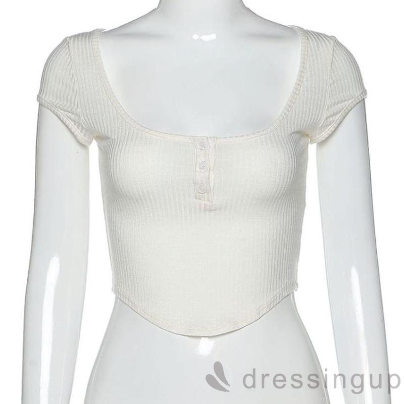 Áo Ngắn Tay Cổ Vuông Phối Nút Cá Tính Quyến Rũ Dành Cho Nữ