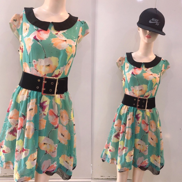 Đầm voan sát nách họa tiết hoa xanh combo
