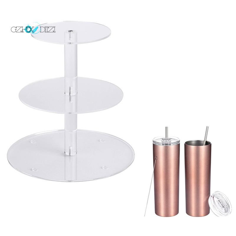 2 Pack 20 Oz Stainless Steel Double-Insulated Water Tumbler Cup & 1x 3 Tier Acrylic Glass Round Cupcake Display Stand