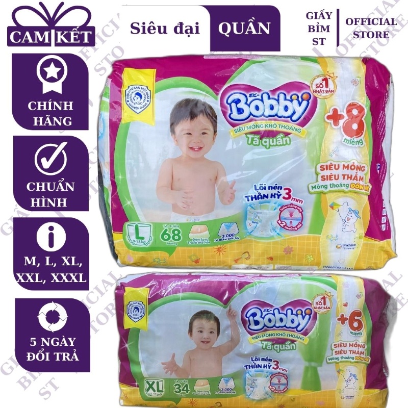 Bỉm quần, tã quần Bobby gói trung, đại, siêu đại đủ size M76, L68, XL62, XXL56, XXXL24