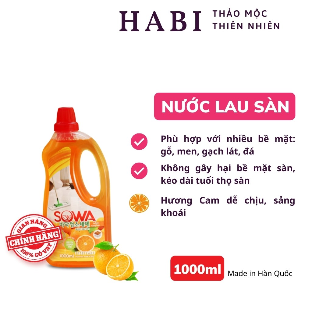 Nước lau sàn hữu cơ Sowa Hàn Quốc, dung dịch lau nhà sát khuẩn hương cam dịu nhẹ, chai 1kg