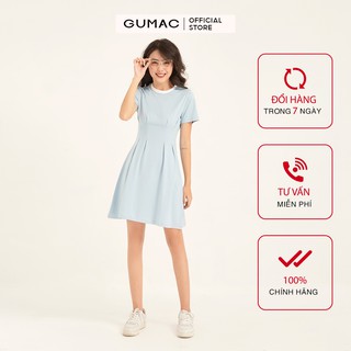 Đầm thun nữ GUMAC xếp ly trẻ trung màu xanh đủ size basic DB1157