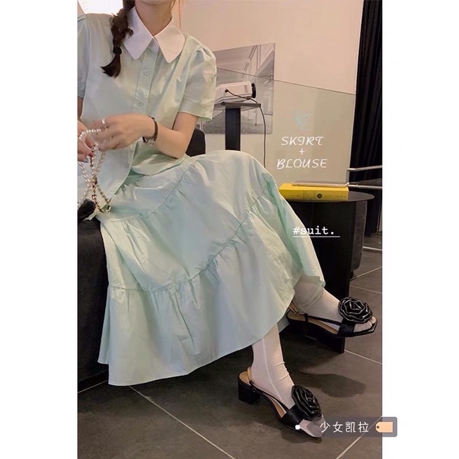 Set áo sơ mi + chân váy midi màu xanh mint