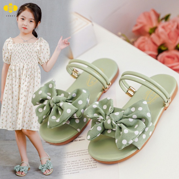 Xăng đan Cao Su Mềm Họa Tiết Chấm Bi Đính Nơ Thời Trang Mùa Hè Dành Cho Bé Gái 3-14 Tuổi size 26-37