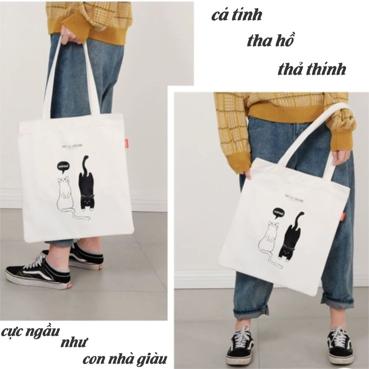 Túi tote vải bố đựng đồ cao cấp in hình 2 con mèo siêu dễ thương ZIMI