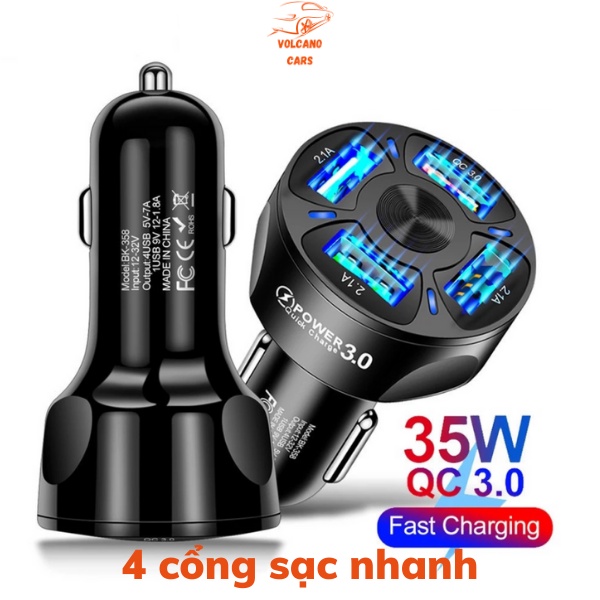 Tẩu sạc ô tô, cốc sạc xe hơi 4 cổng USB sạc nhanh loại 12V có đèn led tiện dụng đa năng trên xe ô tô