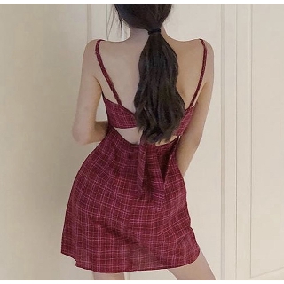 Đầm/ váy kẻ đỏ thắt nơ sau