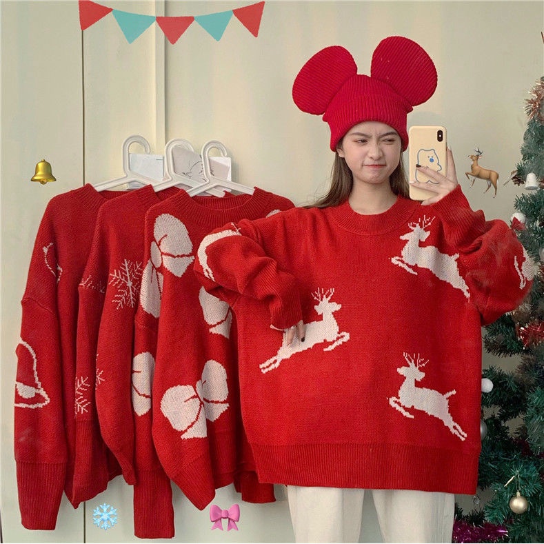 Áo Len Màu Đỏ Rộng Phong Cách Giáng Sinh Hàn Quốc