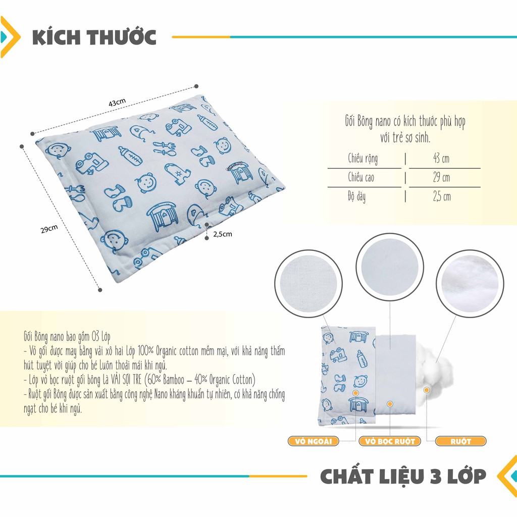 Gối Bông Nano trẻ em UalaRogo kích thước 43x29x2,5cm cotton 100% mềm mát thấm mồ hôi tốt