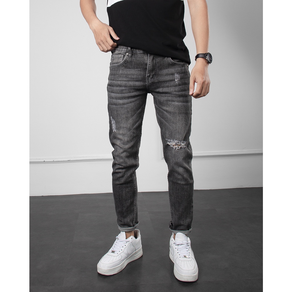 Quần jean nam skinny xám rách & đen rách gối Nigo ống ôm co giãn cao cấp