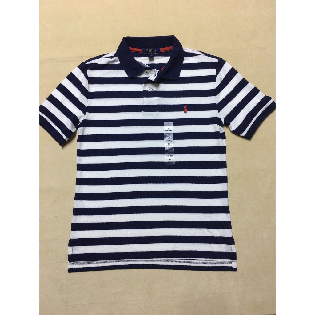 Áo thun bé trai 8-10 tuổi tay ngắn cổ bẻ cotton sọc ngang trắng đen hiệu Polo Ralph Lauren size M hàng xách tay mỹ