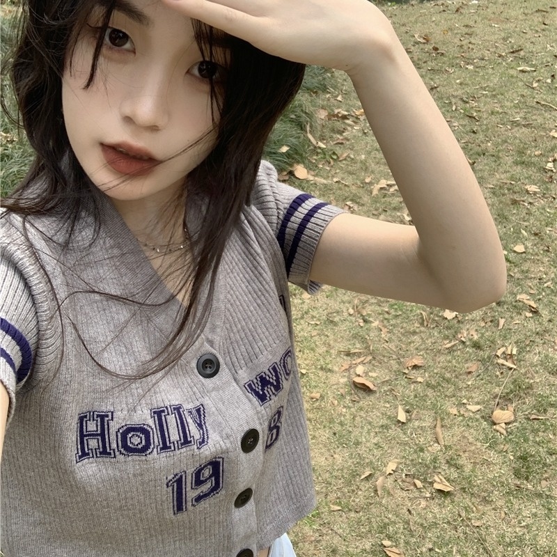 Áo thun ZHELIHANGFEI dệt kim tay ngắn in chữ thời trang dành cho nữ