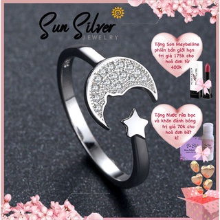 Nhẫn Nữ Bạc 925 Mạ Bạch Kim Moon & Star Đính Đá CZ Thời Trang Cao Cấp Free Size Sun Silver