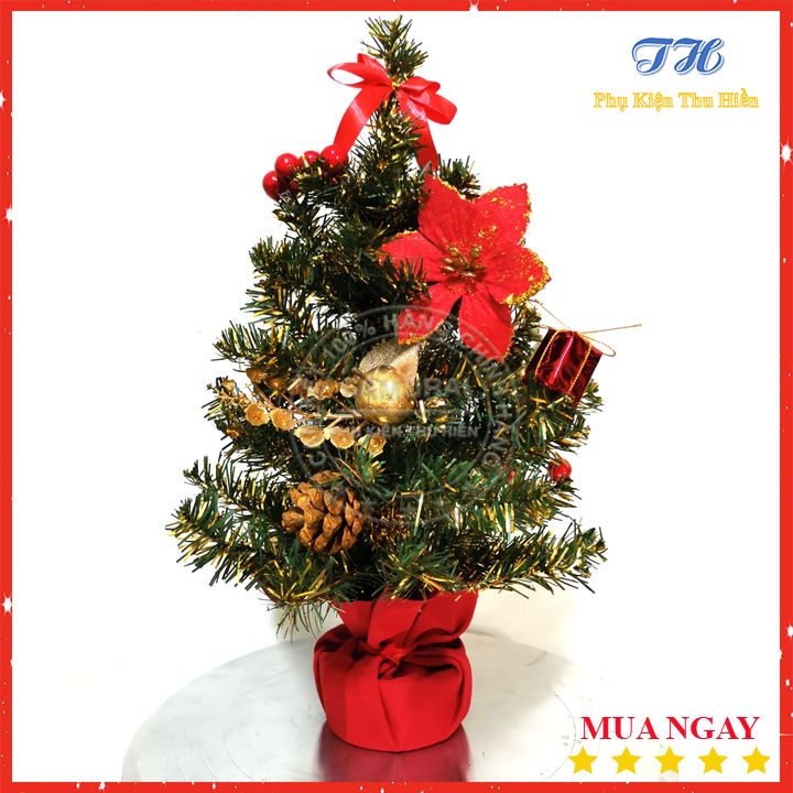 Cây thông noel mini để bàn 51cm Màu Xanh đế nhựa bọc vải đỏ trang trí giáng sinh cho nhà cửa, phòng khách, phòng ngủ