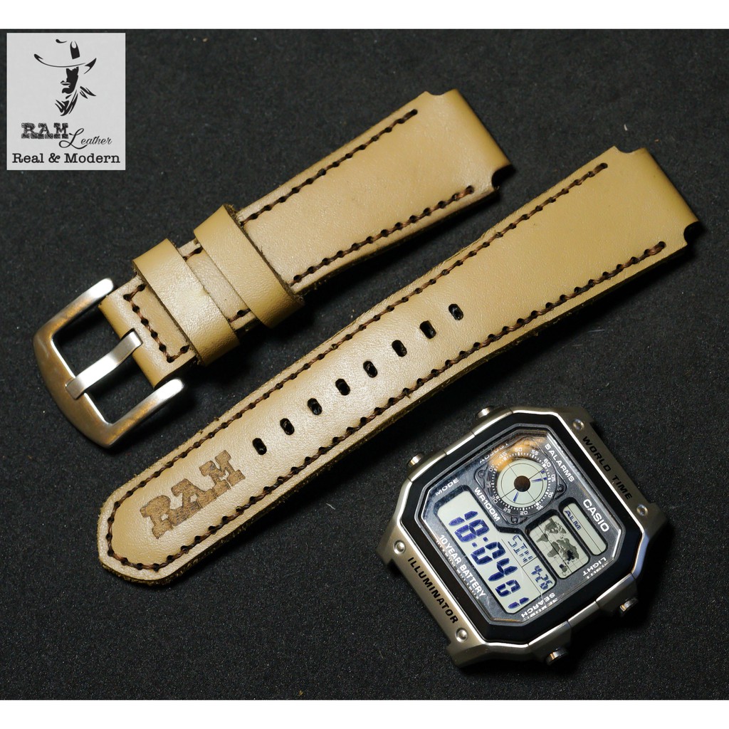 Dây Casio AE 1200 da bò trà sữa RAM Leather Milk tea - tặng khóa chốt và cây thay dây