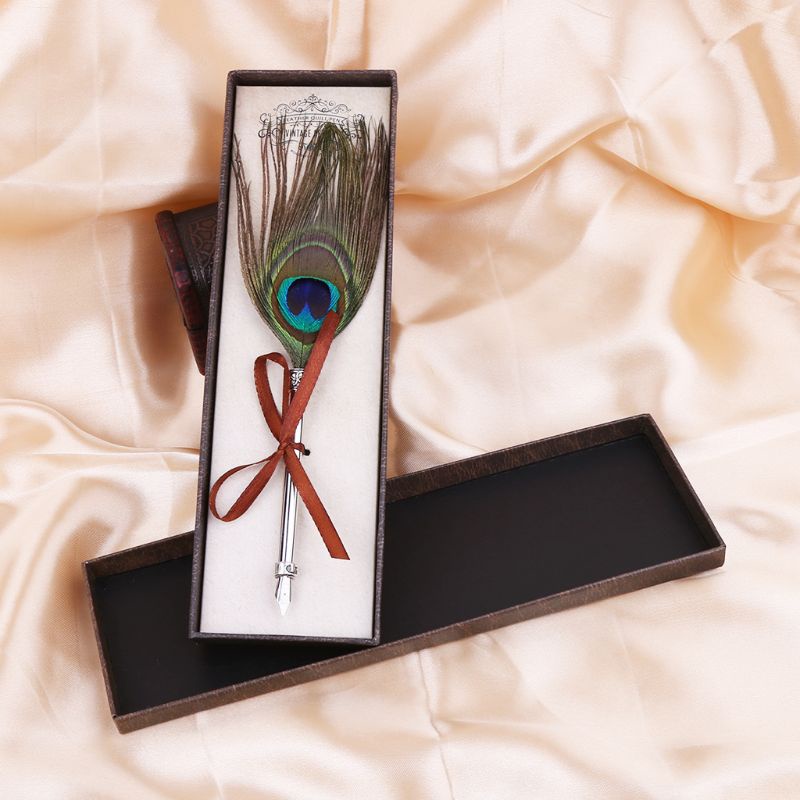 Bút Viết Thư Pháp Họa Tiết Lông Công Vintage