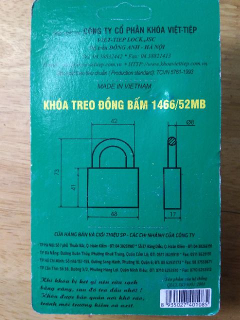 Khoá việt tiệp treo đồng bấm 52MB