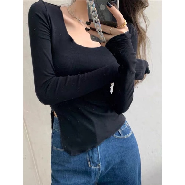 Áo chất tăm xẻ vạt tay dài 3 màu cá tính form ôm | BigBuy360 - bigbuy360.vn