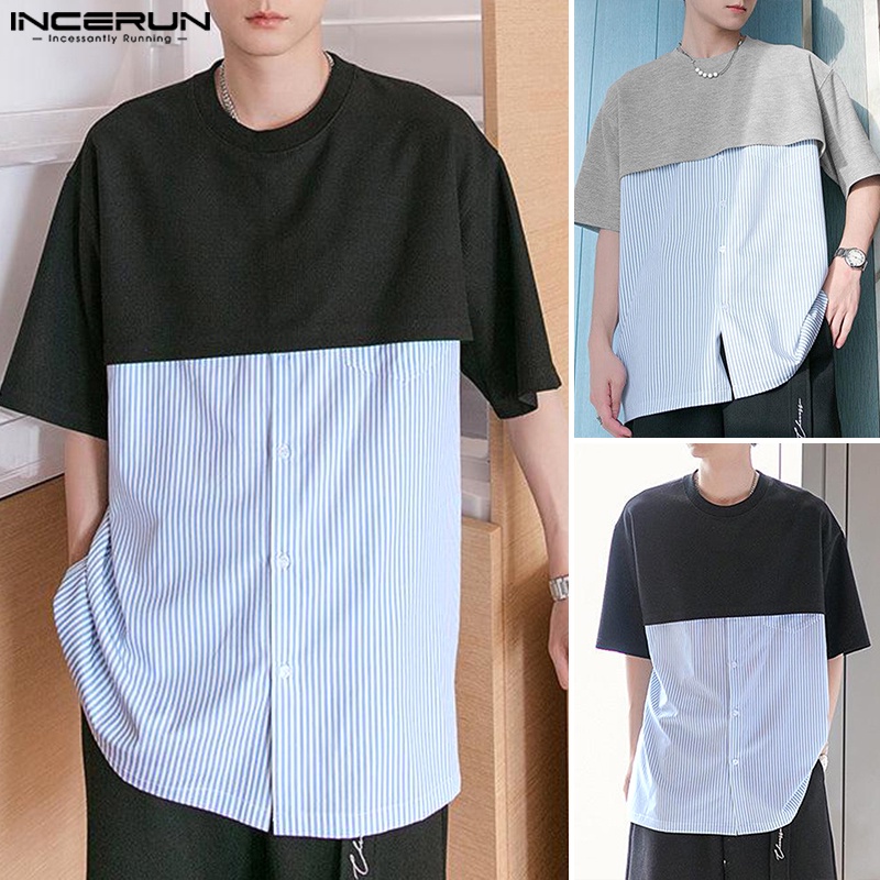 Áo kiểu INCERUN tay ngắn cổ tròn họa tiết kẻ sọc đơn giản thời trang cho nam