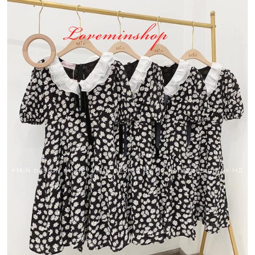 Váy đầm hoa cúc tiểu thư cổ ren tay ngắn dáng dài xòe,váy thiết kế Hotrend phong cách Hàn Quốc Freesize LOVEMIN-M18 | BigBuy360 - bigbuy360.vn