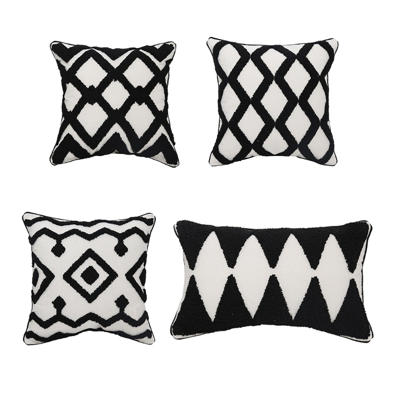 Xiangbao Vỏ Gối Dệt Tufted Hình Học Kẻ Sọc Caro Phong Cách Morocco Boho Màu Trắng Đen Co