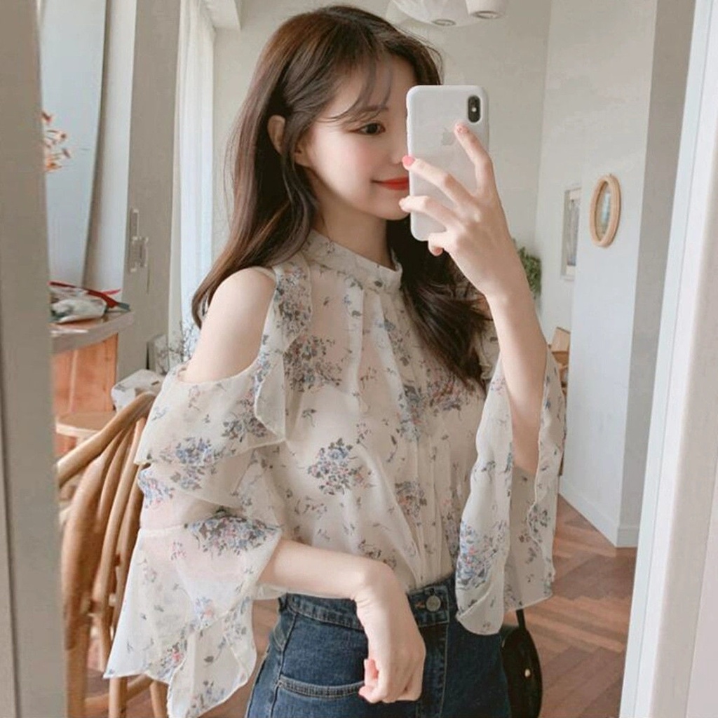 Áo Chiffon Trễ Vai Plus Size Họa Tiết Hoa Phong Cách Pháp Dành Cho Nữ