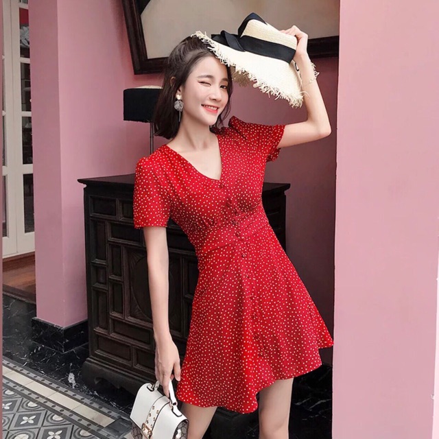 Đầm bi đỏ rối bo eo cổ V, váy noel, váy tết, váy du lịch (kèm hình thật)