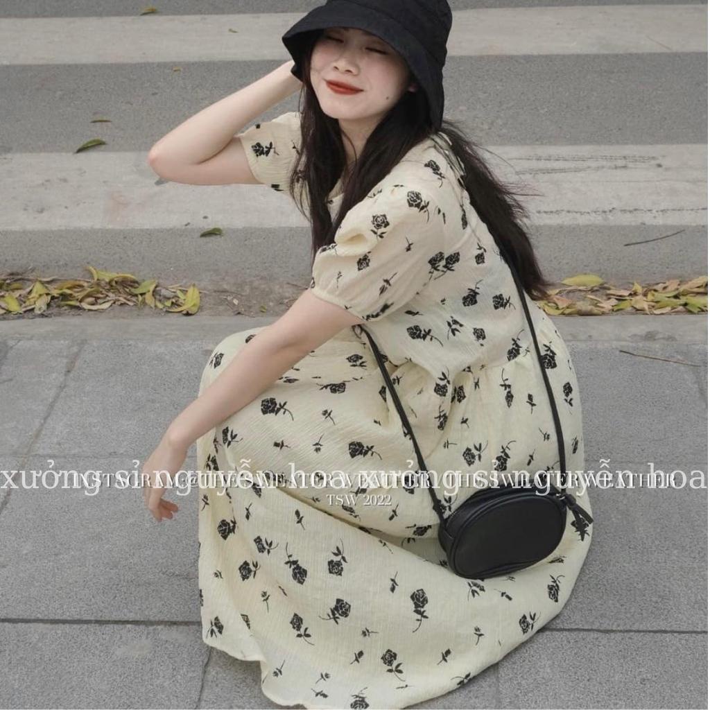 Đầm váy babydoll in hoa hồng đen dáng dài xòe màu be tay chun phong cách hàn quốc siêu xinh Xưởng Sỉ Nguyễn Hoa
