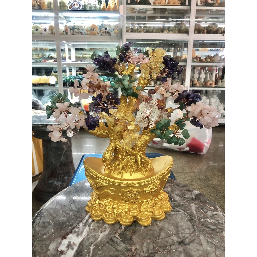 Cây Tài Lộc phong thủy đá TA. với đế hình thỏi vàng để bàn làm việc, bàn thờ thần tài - Cao 30 cm