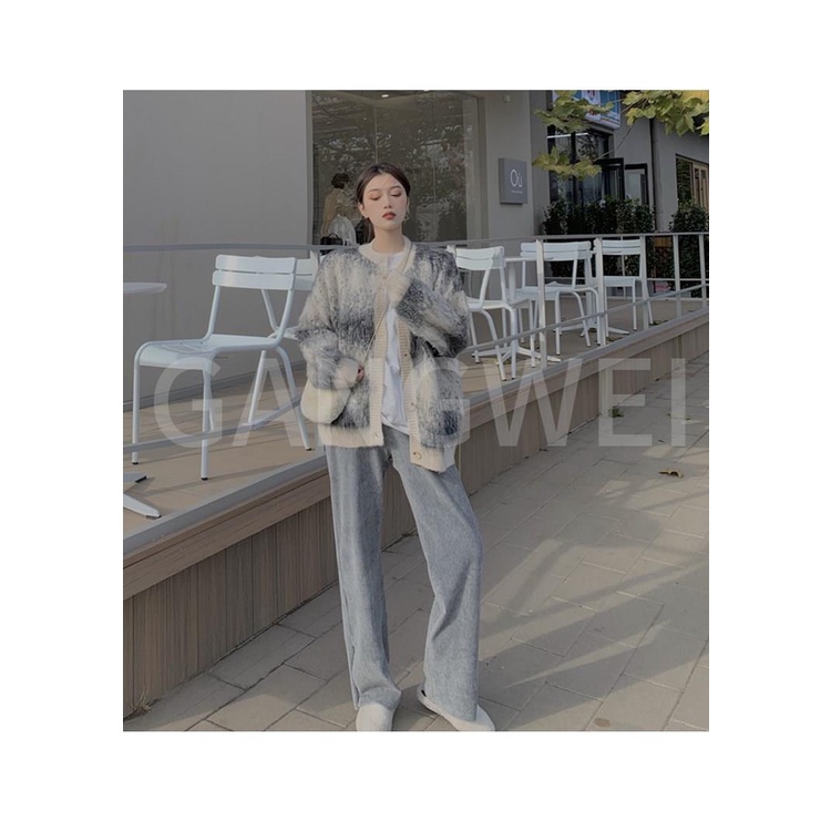 Áo khoác cardigan dáng rộng/Quần ống rộng màu xám phong cách hàn quốc thời trang cho nữ