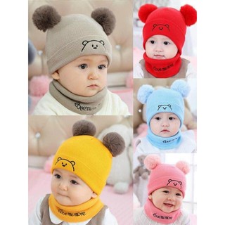 SET MŨ LEN KÈM KHĂN 2 QUẢ BÔNG CHO BÉ