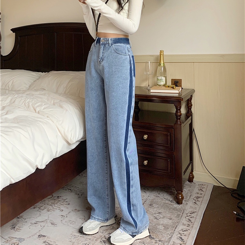 Quần Denim Lưng Cao Ống Suông Phối Màu Sắc Tương Phản Trẻ Trung